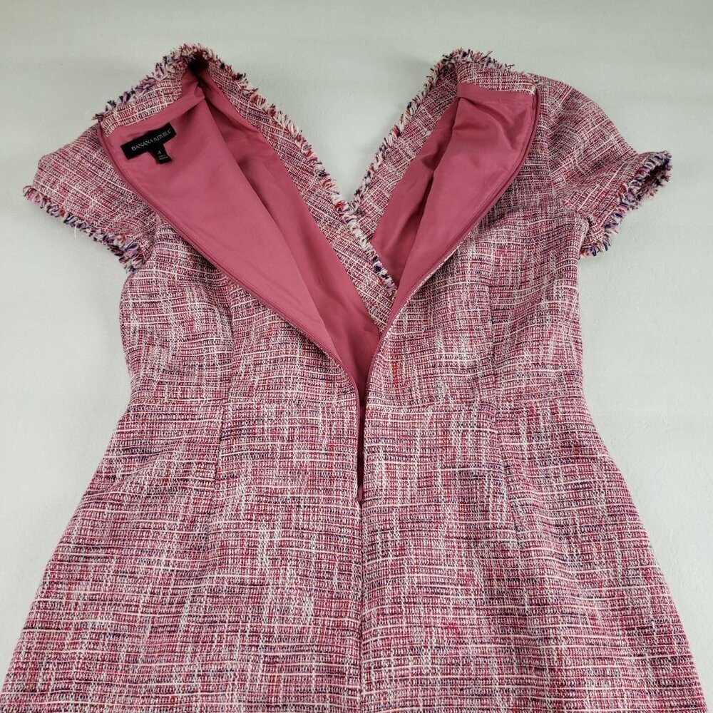 Banana Republic Tweed Fringe Dress Womens 4 Pink Sheath V Neck Faux Wrap - Picture 9 of 13